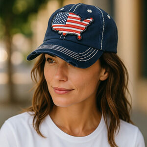 4350 District Vintage Distressed USA Embroidered Patch Cap Hat Navy Thick Stitch